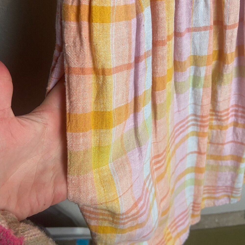 American Eagle Size L Dream Smocked Tank Dress Colorful Plaid Linen Mini Cottage - Picture 3 of 9